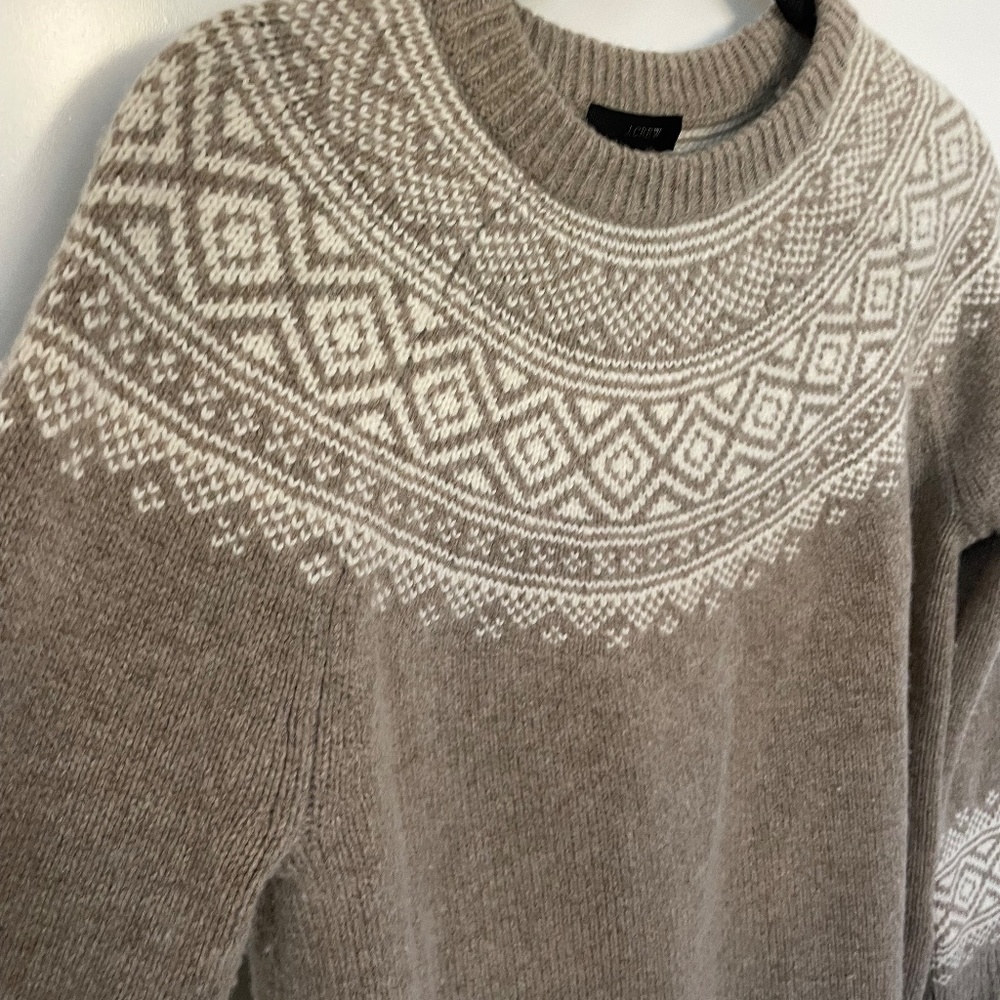 J.Crew Fair Isle Merino Wool Ruffle Sleeve Crewneck Sweater Tan S - Picture 5 of 7